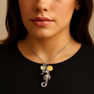 Dual-Tone Crystal Sea Horse Pendant Necklace – 36" Chain, Ocean-Inspired Jewelry